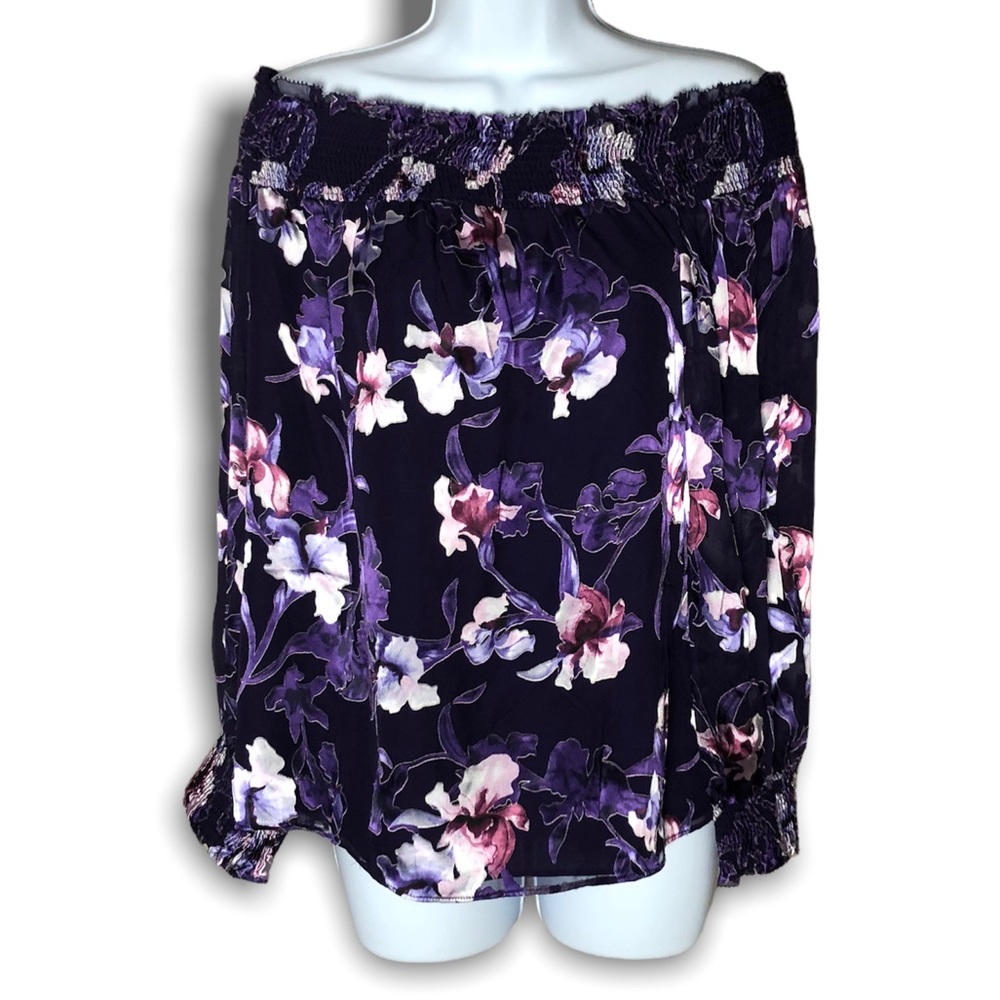 White House black market off the shoulder silk burnout purple floral blouse M